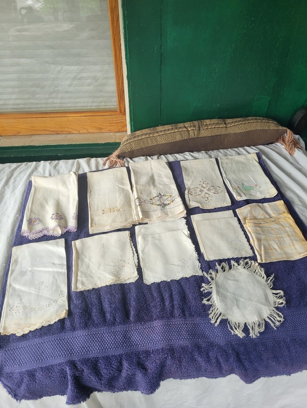 Vintage White & Cream Embroidered Linen Table  Handkerchief Set